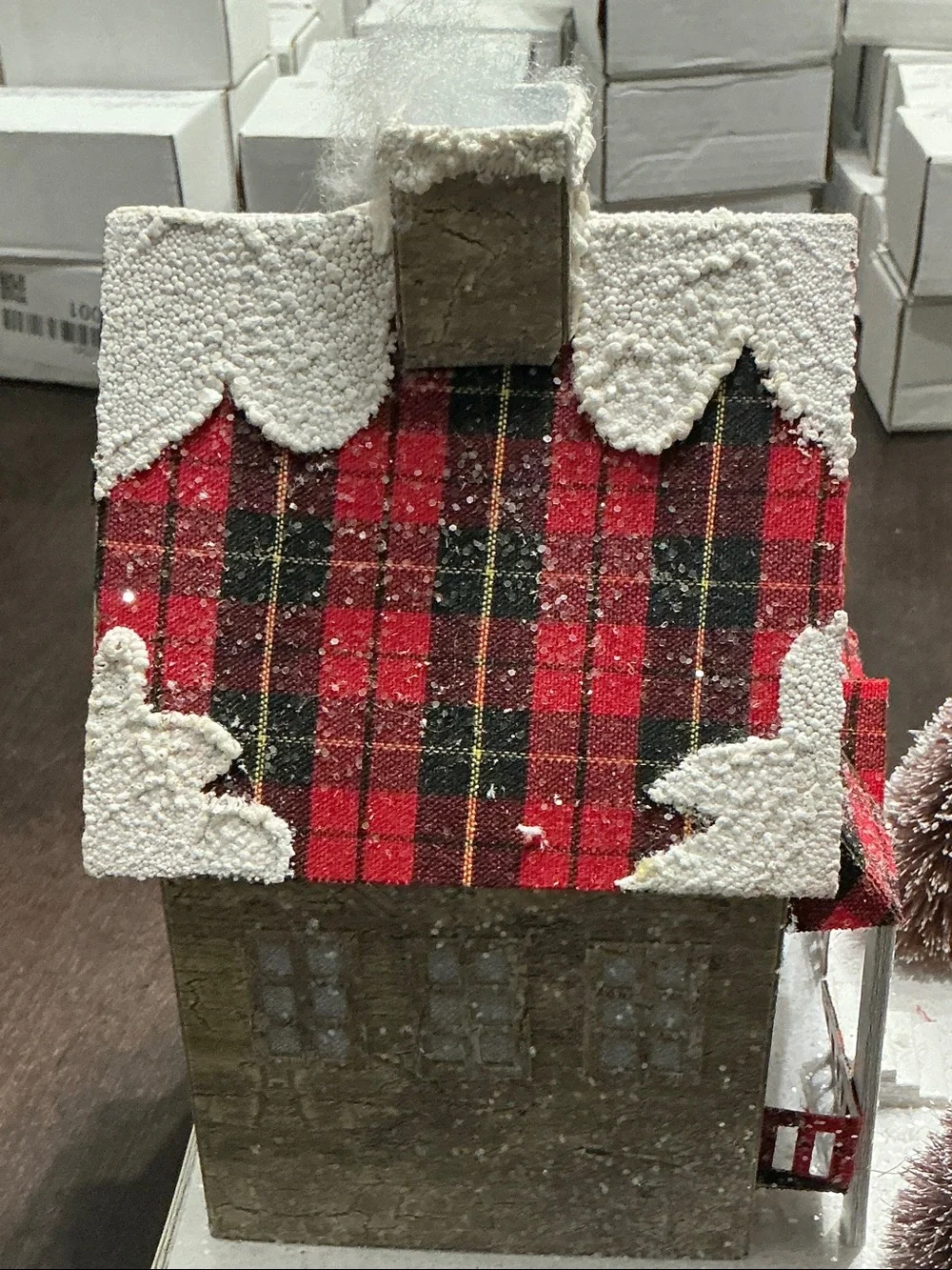 Plaid Roof Holiday Decorative House - White and Red